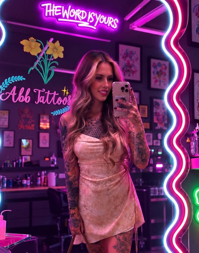 Abbie Kennedy taking a mirror selfie in her studio space at Boundless Ink, with her pink Abb Tattoos neon sign